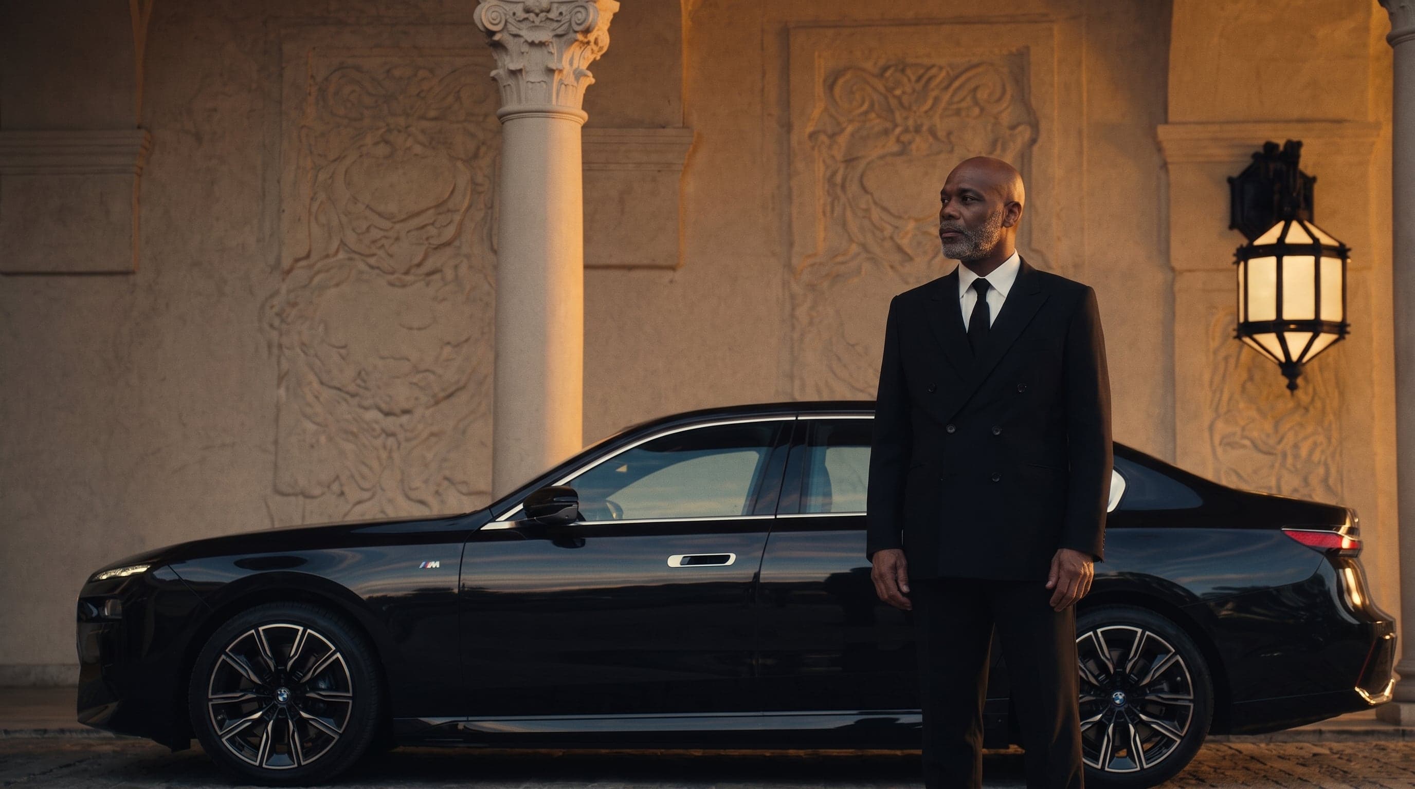 A chauffeur in a dark suit standing by a black BMW i7 at a lit entrance at dusk.