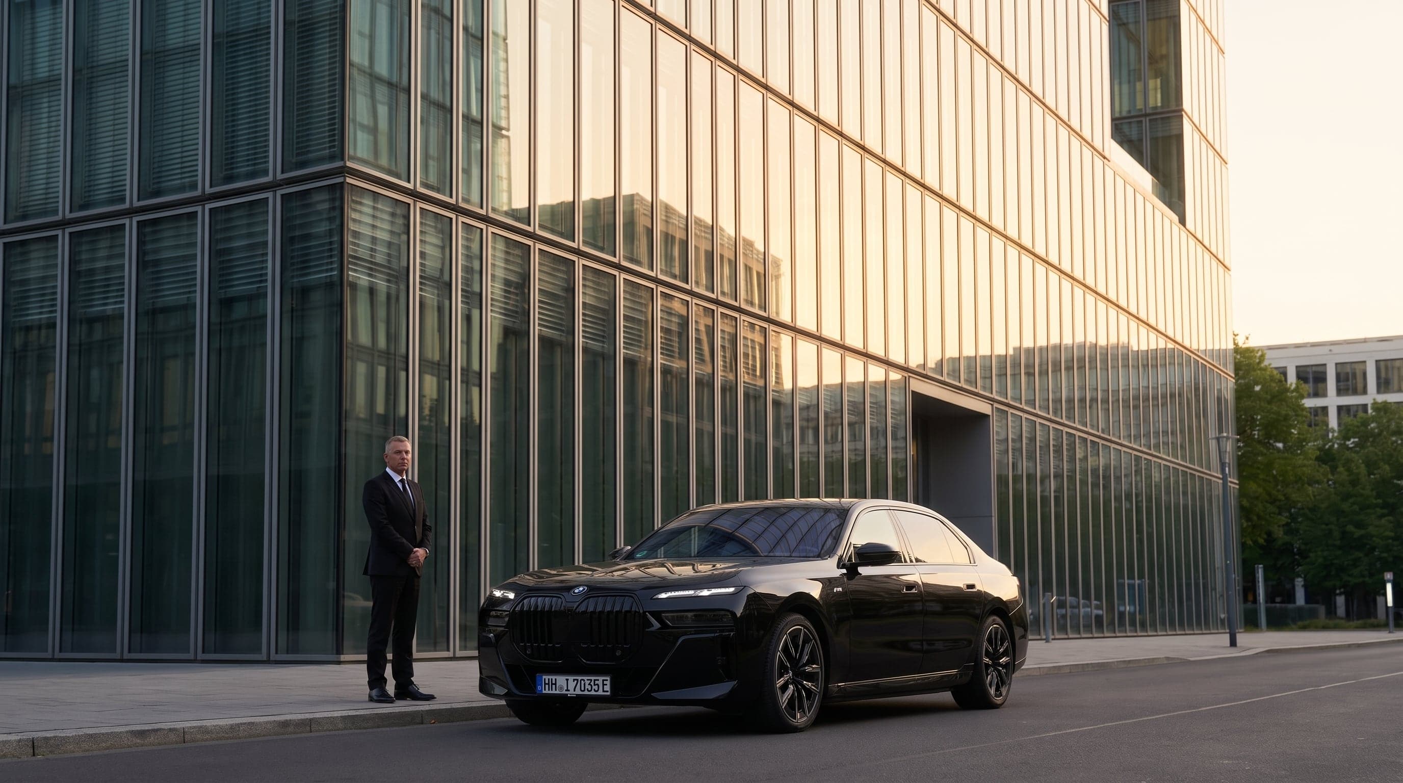 A chauffeur standing by a black BMW i7 at a modern glass office building.