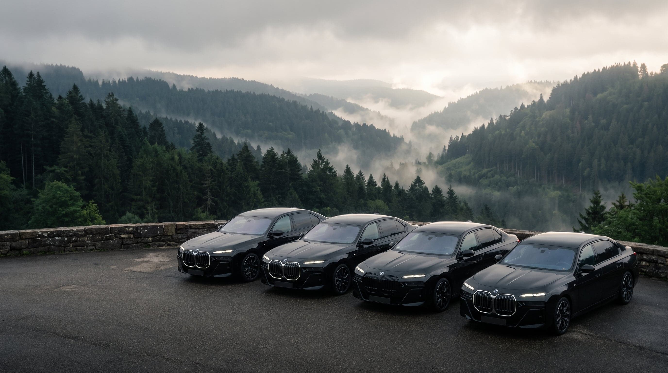 Four black BMW i7s on a misty forest overlook.