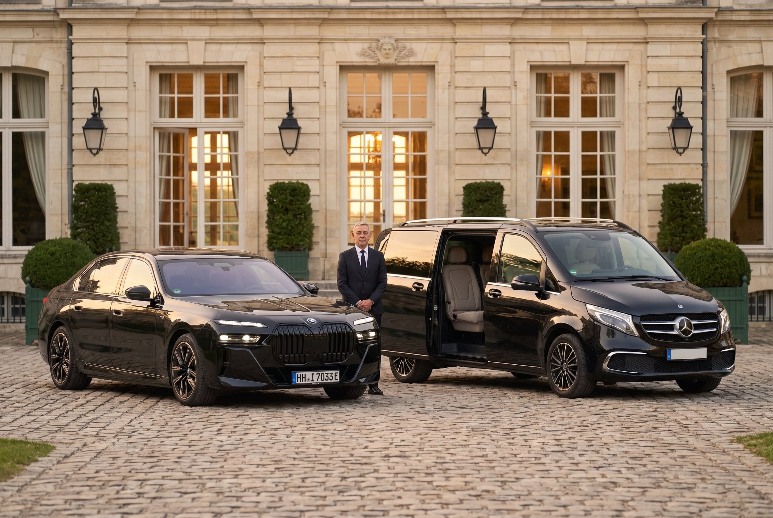 A black BMW i7 and a Mercedes-Benz V-Class with a chauffeur at a grand building entrance.