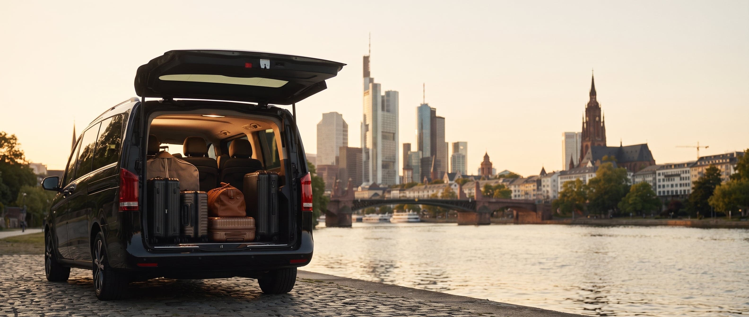 The open tailgate of a Mercedes-Benz V-Class with luggage, Frankfurt's skyline across the water.