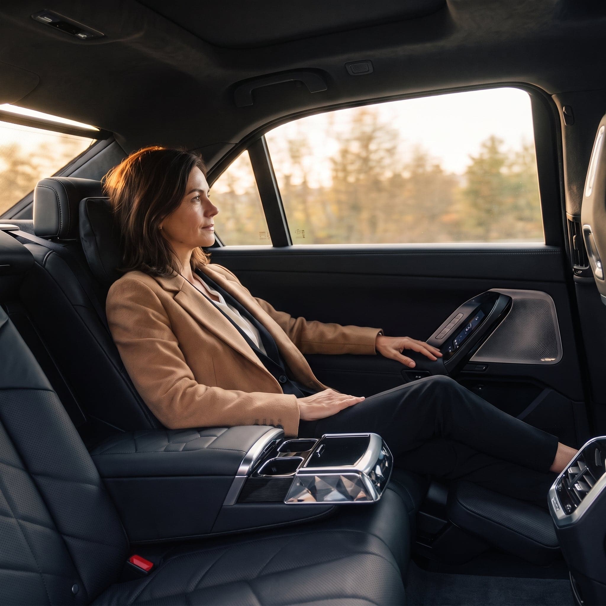 A passenger in a beige jacket working on a laptop in the BMW i7's rear cabin.