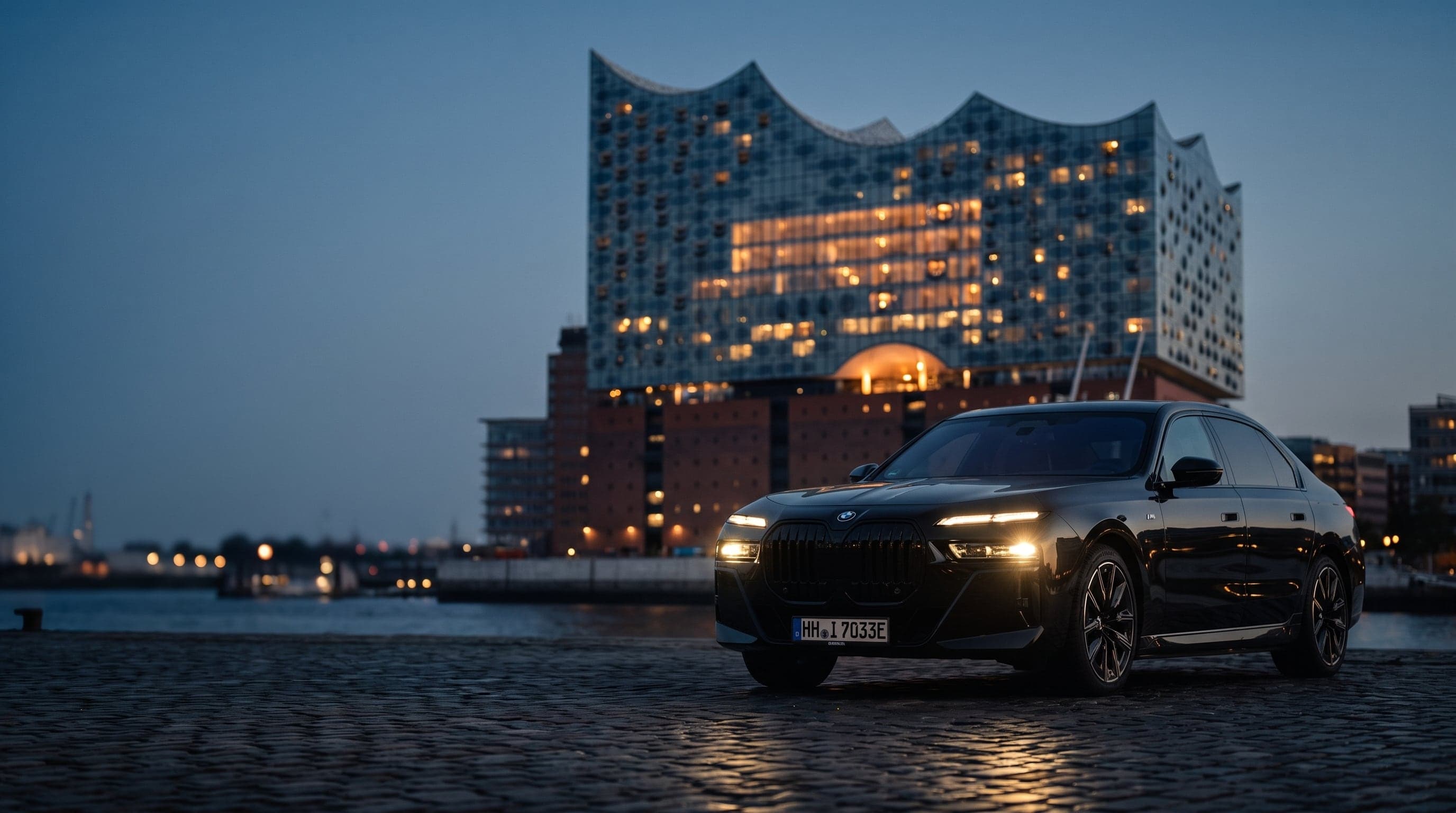 A black BMW i7 on Hamburg's waterfront with the Elbphilharmonie concert hall at dusk.