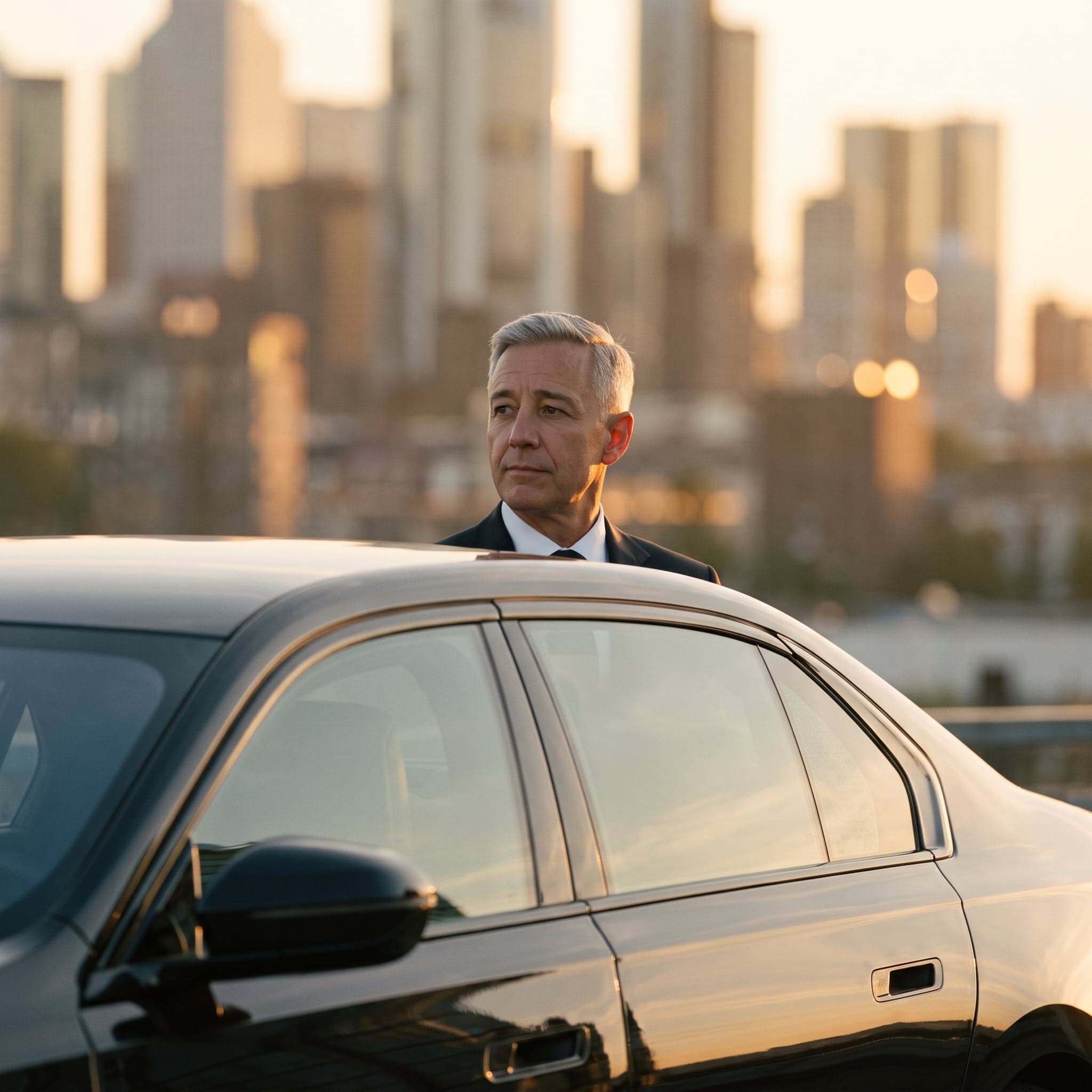 A chauffeur by the door of a black BMW i7 with a city skyline in soft focus behind.
