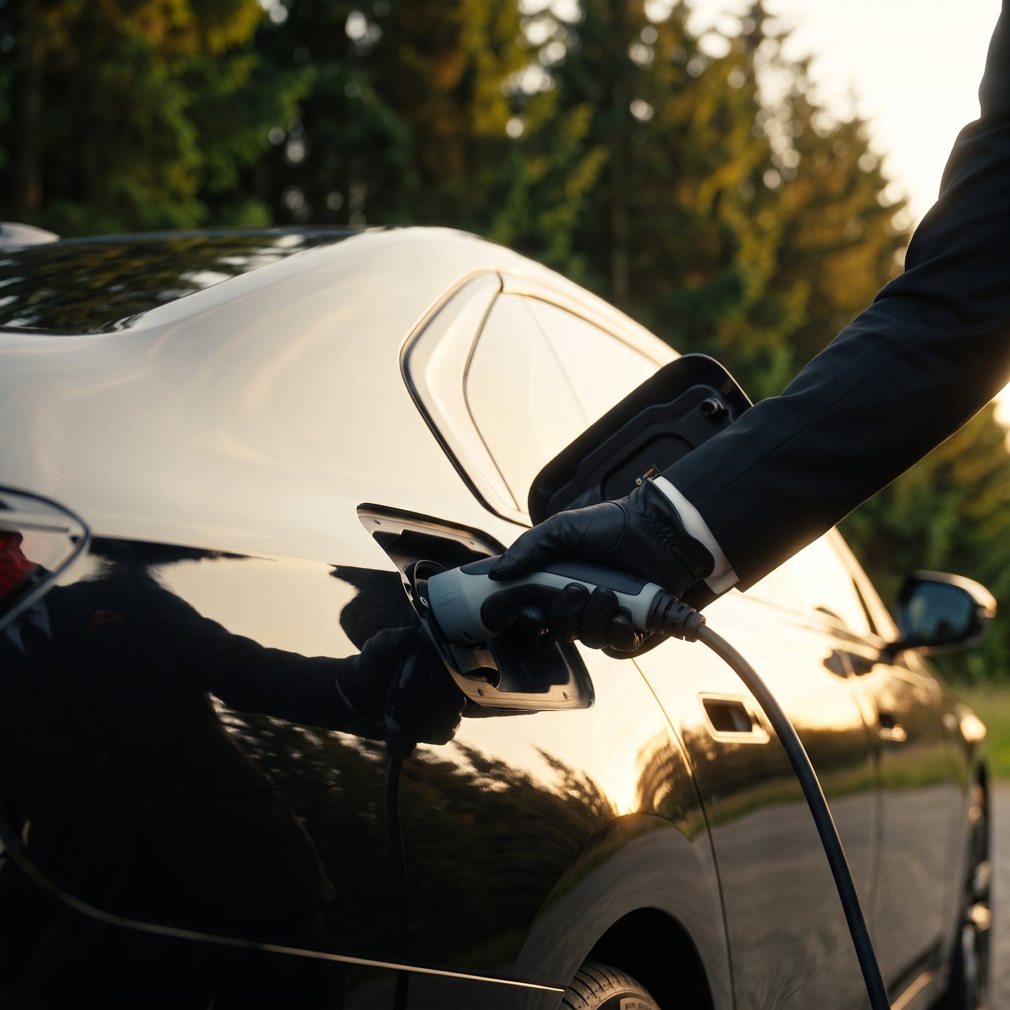 A chauffeur's hands plugging a charging cable into a black BMW i7.