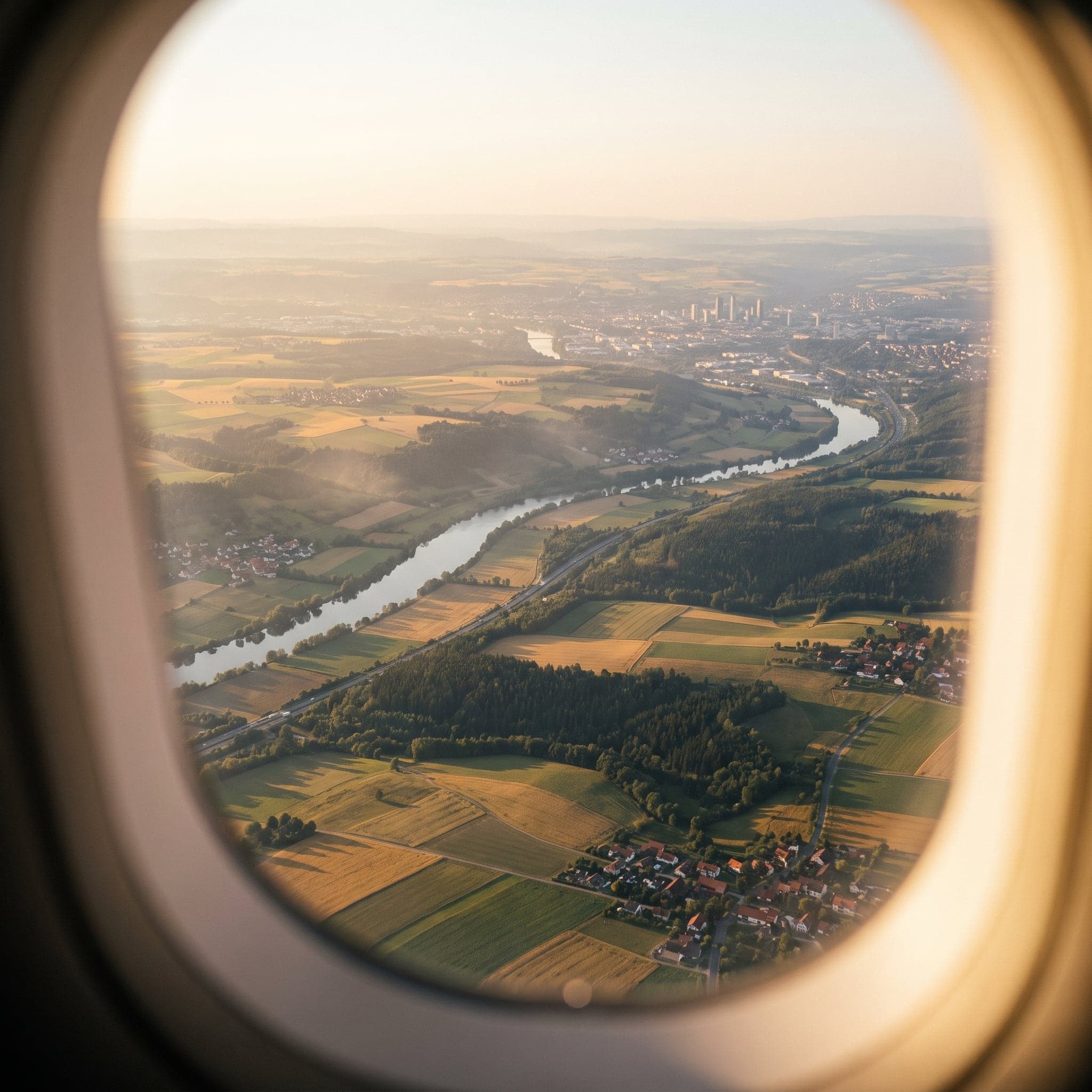 Countryside and a city skyline through an aircraft window.