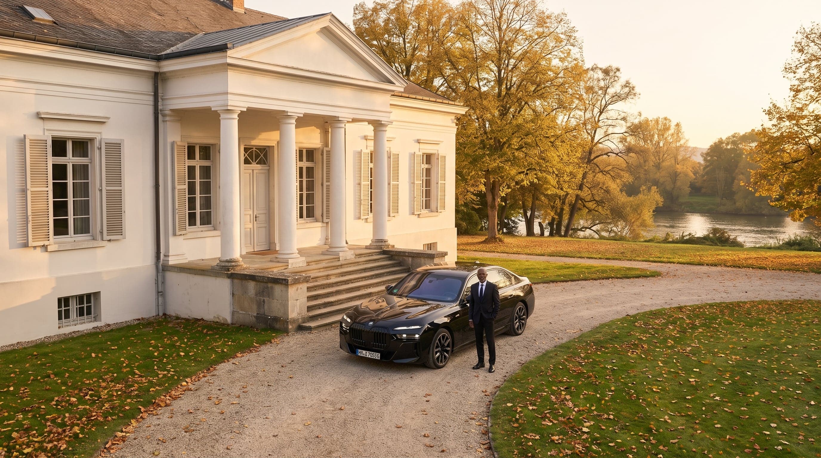 A black BMW i7 with a chauffeur at a white classical villa in autumn.