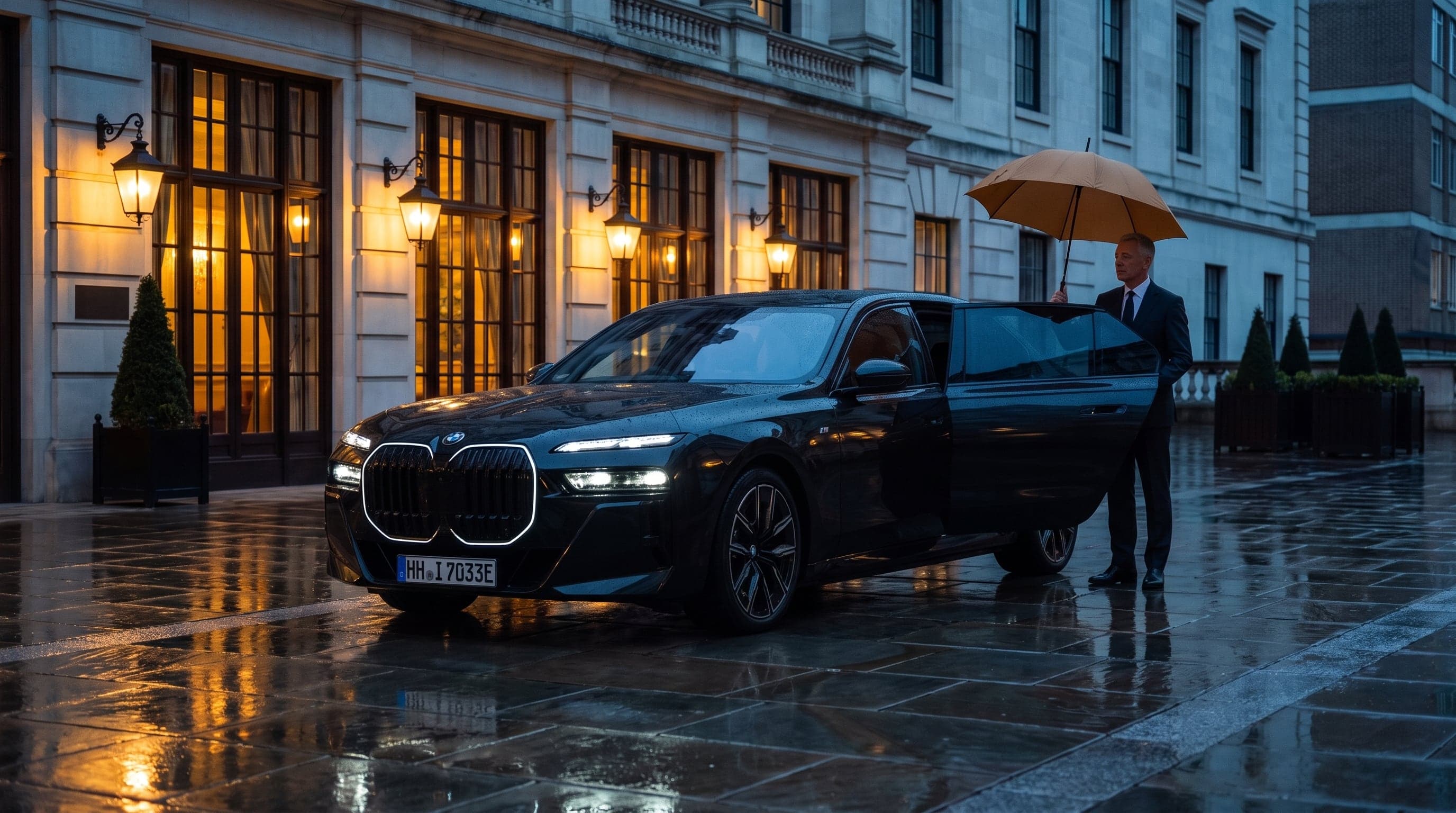 A chauffeur holding an umbrella by a black BMW i7 at a modern glass building on a wet pavement.