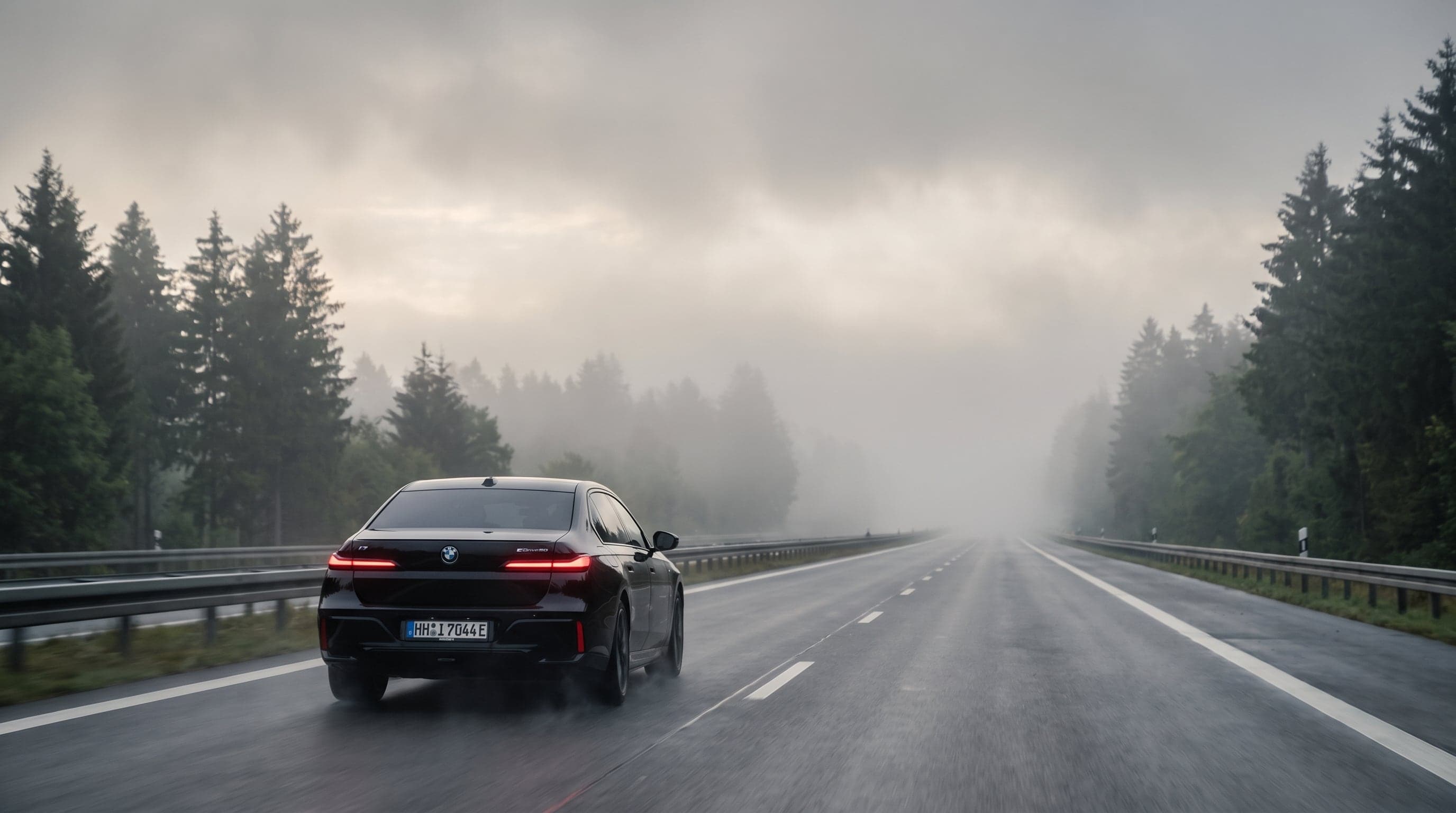 A black BMW i7 driving away down an empty autobahn on a misty morning.