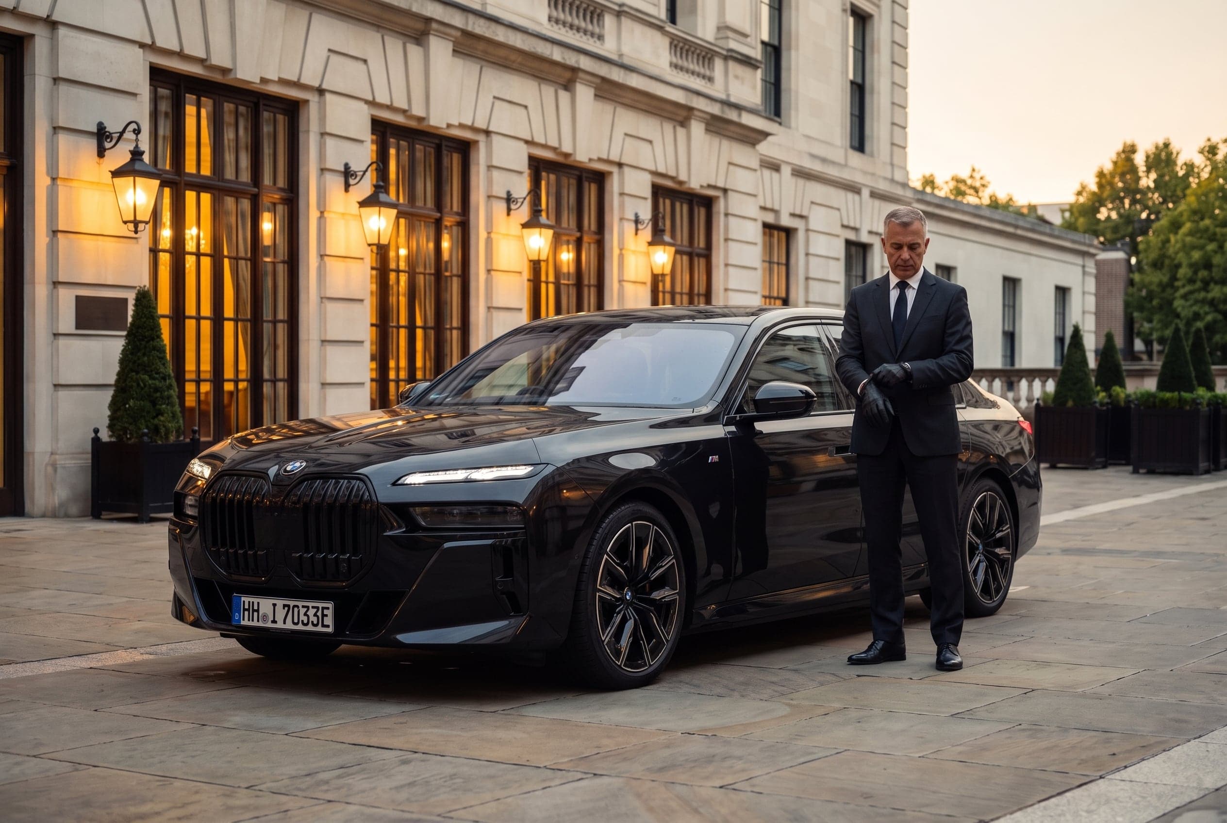 A chauffeur in a dark suit standing by a black BMW i7 at a classical building entrance at dusk.