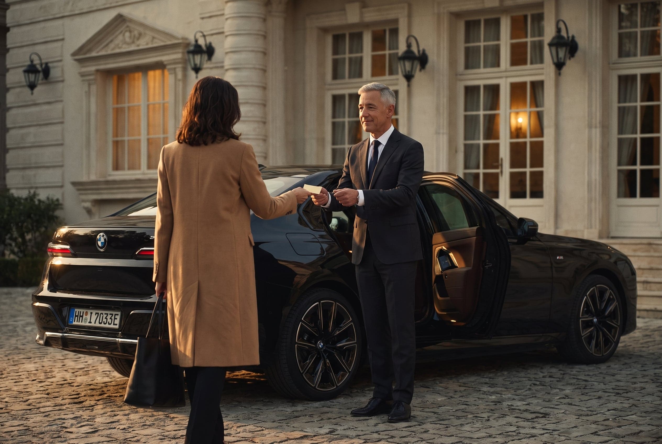 A chauffeur greeting a passenger at a black BMW i7 at a classical building at dusk.
